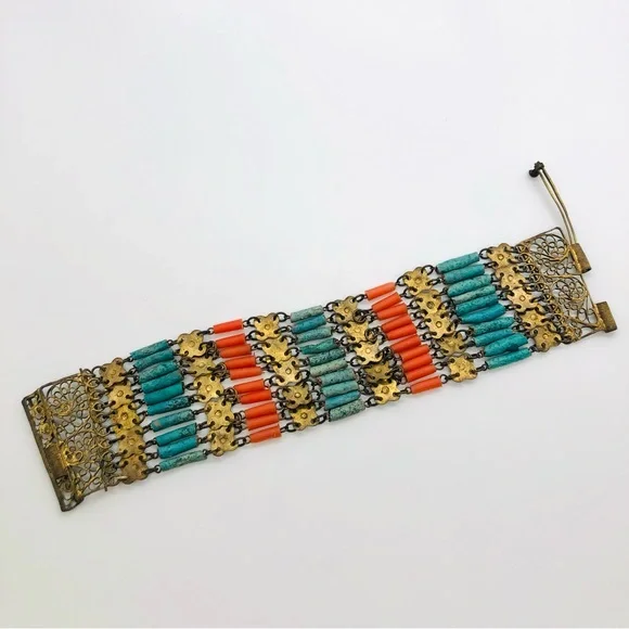 Rare Vintage Egyptian Revival Faience brass filigree bracelet - Picture 12 of 16